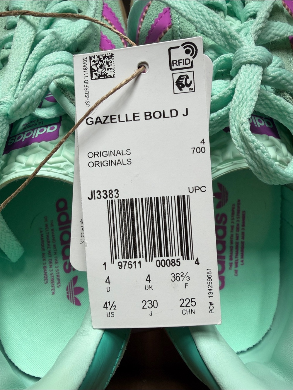 adidas kids Gazelle Bold Sneakers in Mint Green with Pink Stripes - Picture 6 of 6